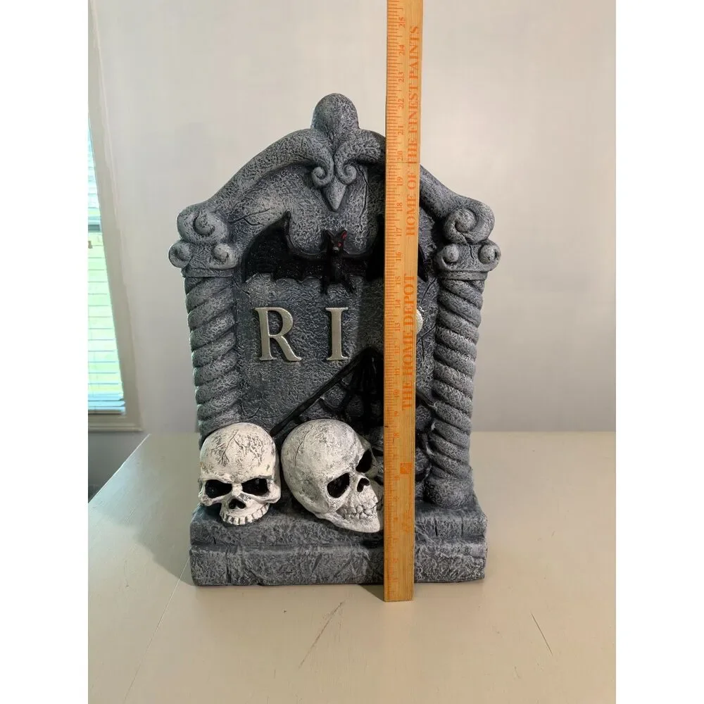 Large Halloween RIP Tombstone Decor Light-Up Skull Eyes Bat Spider Web Prop